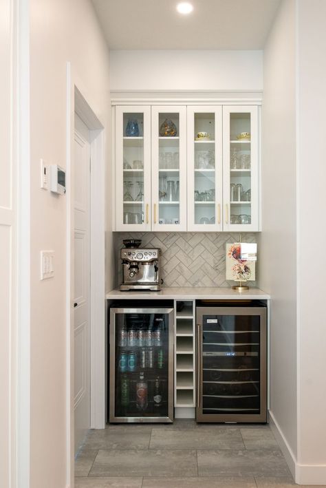 Beer Fridge In Kitchen, Wine Fridge Pantry, Beverage Fridge In Pantry, Built In Beverage Station, Dry Bar With Wine Fridge, Architectural Farmhouse, Wine Fridge Bar, Angel Kitchen, Bar Coffee Station