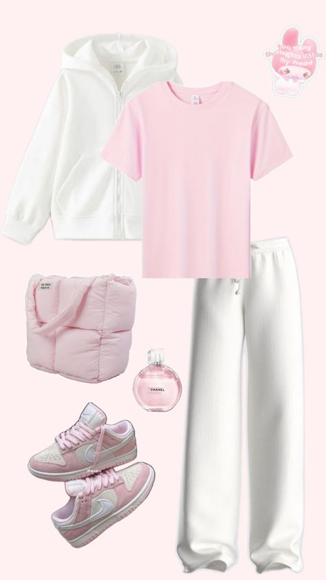 Cute Pink School Outfits, Pink Everyday Outfits, Pastel Pink Outfit Ideas, Pink Tshirt Outfit Aesthetic, Pastel Color Outfit Ideas, Cute Pink Outfits For School, Pink Body Suit Outfit, Girly Winter Outfits Pink, Airport Outfit Pink