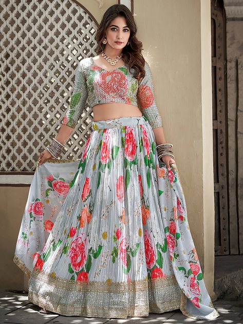 Sky Blue Printed Crushed Chinon Lehenga Choli Lehangas Designs, Sequins Lehenga Choli, Crush Fabric, Blue Lehenga Choli, White Lehenga Choli, Sequins Lehenga, Engagement Lehenga, White Lehenga, Party Wear Lehenga Choli