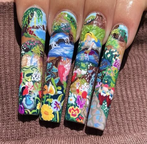 Alice In Wonderland Nail Art, Wonderland Nail Art, Adventure Time Nails, Alice In Wonderland Nails, Disney Acrylic Nails, To Wonderland, Nail Art Disney, Classy Acrylic Nails, Gel Art