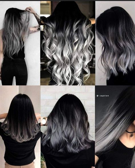 Black And White Balayage, Black Hair With Grey Balayage, Black To Grey Hair, White Ombre Hair, Black To Silver Ombre, Charcoal Hair, Silver Ombre Hair, Black And Grey Hair, Grey Ombre Hair