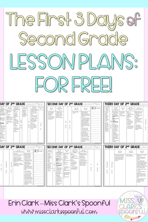 I'm excited to share these exclusive First 3 Days of Second Grade Lesson Plans with you! Using these plans, you'll be able to share back to school mentor texts, establish classroom rules and expectations, and teach important routines and procedures. Become a Miss Clark's Spoonful insider and grab these FREE lesson plans to use during your first week of school! #firstdayofschool #firstdayofschoollessonplans #secondgradeteacher #lessonplans #secondgrade #secondgradelessonplans #missclarksspoonful First Week Of 2nd Grade Lesson Plans, 2nd Grade Math Lesson Plans, First Week Of School Lesson Plans, Second Day Of Second Grade, Second Grade Lessons, Second Grade Lesson Plans, First Week Of School Ideas Second Grade, First Day Of School Plans, First Week Of Second Grade Activities