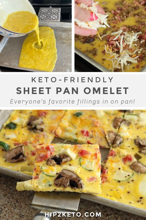 This keto omelet sheet pan meal will make your breakfast easy peasy to throw together! It's all prepared in one pan with easy cleanup! #keto #lowcarb #ketorecipes #ketobreakfast #sheetpan #sheetpanrecipes #onepan #onepot #easyketorecipes #breakfastideas #eggrecipes #omeletrecipes Sheet Pan Omelettes, Lego Breakfast, Mini Bread Bowls, Keto Sheet Pan, Healthy Challenge, Keto Friendly Vegetables, Dinner Board, Keto Breakfast Smoothie, Thm Breakfast