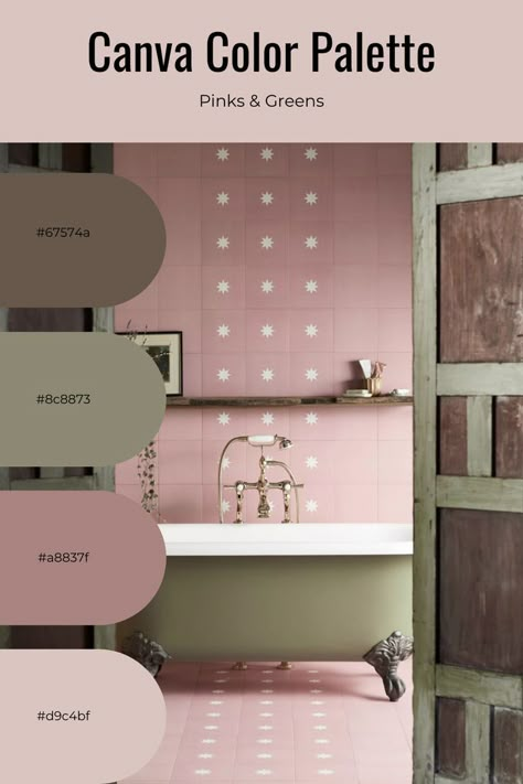 Paint Color Schemes Pink, Beauty Salon Colour Palette, Sage Green Pink Color Palette, Dusty Rose Bathroom Ideas, Green And Pink Dining Room Ideas, Colors That Go With Mauve, Pink Bathroom Color Schemes, Green Pink Beige Color Palette, Brown And Pink Color Scheme