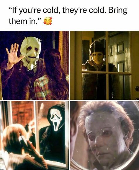 Funny Scary Movie Memes, Slasher Villains, Horror Things, Horror Humor, Cursed Stuff, Spooky Memes, Fall Memes, Horror Fanatic, Horror Movies Funny