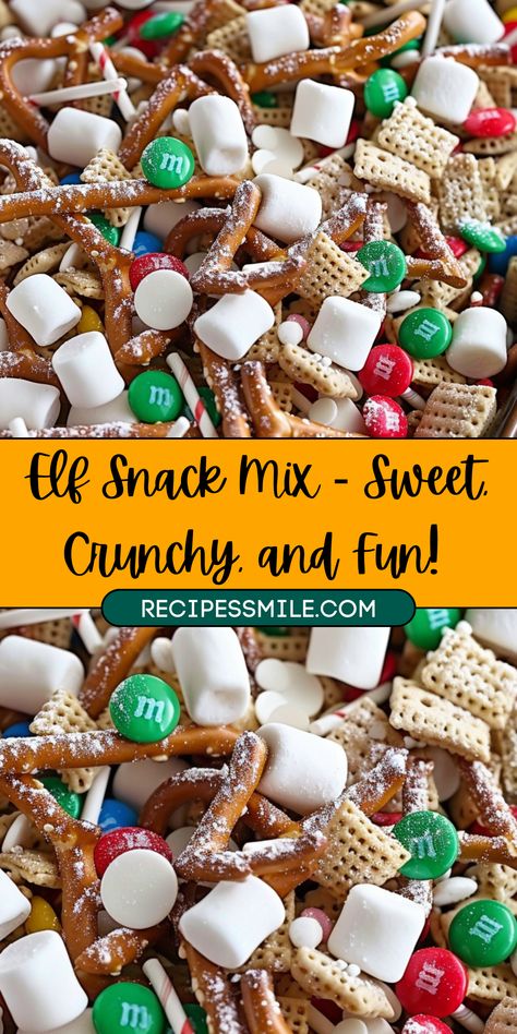 Snack Mix With Pretzels, Elf Snack Mix Recipe, Smores Mix Snack, Marshmallow Chex Mix Recipes, Marshmallow Pretzel Treats, Smores Snack Mix Recipe, Pretzel Marshmallow Treats, Elf Snacks, Chex Mix Ideas