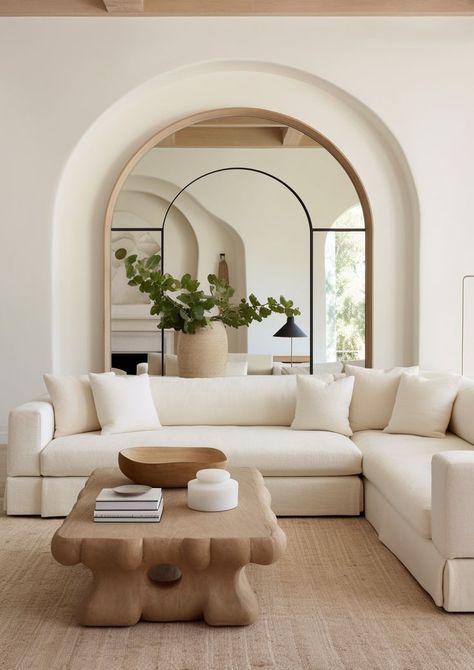 Interior Design Arches, Arc Interior Design Living Rooms, Salon With Arched Mirrors, French Arches Interior Design, Arches Natural Beige Flooring, Estilo Japandi, Mews House, Living Room Design Inspiration, Home Design Living Room