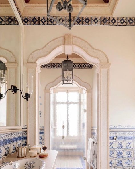 Magical before and after by Lisbon design studio @viterbo_interior_design. . . . . . #portugal #portuguesetiles #tiles #bathroom… | Rachel Gandin Mark (@casaraquelita) on Instagram Portuguese Tiles Bathroom, Greek Bathroom, Blue Bathroom Tile, Narrow Bathroom, Mediterranean Design, Portuguese Tiles, Blue Home Decor, House Beautiful, Grand Art