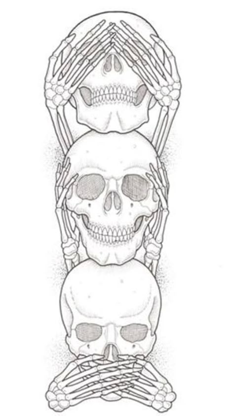 Cat Skull Tattoo, No Evil Tattoo, Evil Skull Tattoo, Evil Tattoo, Skull Coloring Pages, Skeleton Tattoos, Hear No Evil, Speak No Evil, Skulls Drawing