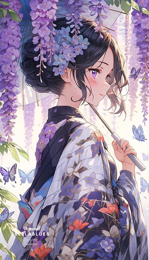 Illustration by Bella blues on Pinterest Purple Kimono Anime, Purple Kimono, Kimono Art, Purple Anime, Anime Kimono, Images Kawaii, Anime Butterfly, Shinobu Kocho, Anime Character Drawing