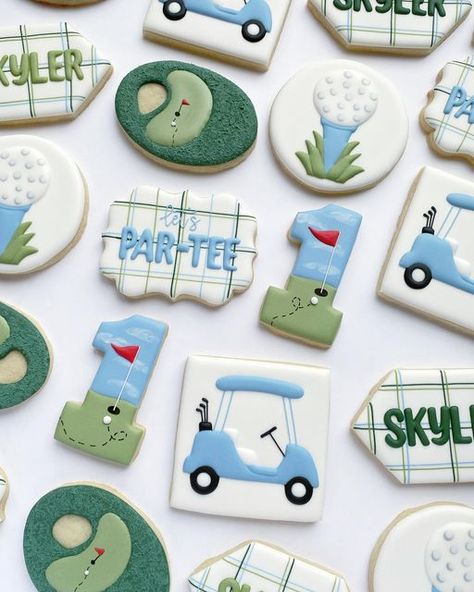 Golf Cookies Decorated 1st Birthday, Golf Cookies First Birthday, Golf Birthday Cookies Decorated, Golf Cookies Birthday, First Birthday Par Tee, Golf 1st Birthday Cookies, 1st Bday Golf Theme, Golfing First Birthday, 1st Birthday Golf Theme Cookies