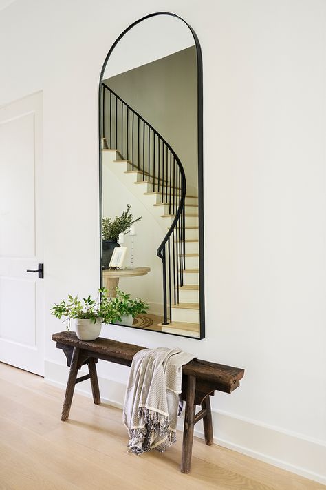 Floor Mirror With Bench, Stairs Decor, Hall Mirrors, Floor Length Mirror, Hallway Mirror, Entryway Mirror, Mirror On The Wall, Arch Mirror, Home Entrance Decor