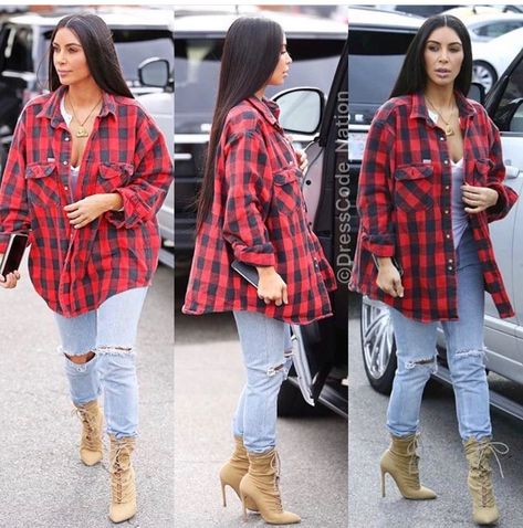 Kim K on a comfy day Red Flannel Shirt Outfit, Plaid Flannel Shirt Outfit, Red Plaid Shirt Outfit, Red Flannel Outfit, Flannel Shirt Outfit, Plaid Shirt Outfits, Red Flannel Shirt, Vintage Flannel Shirt, Flannel Fashion