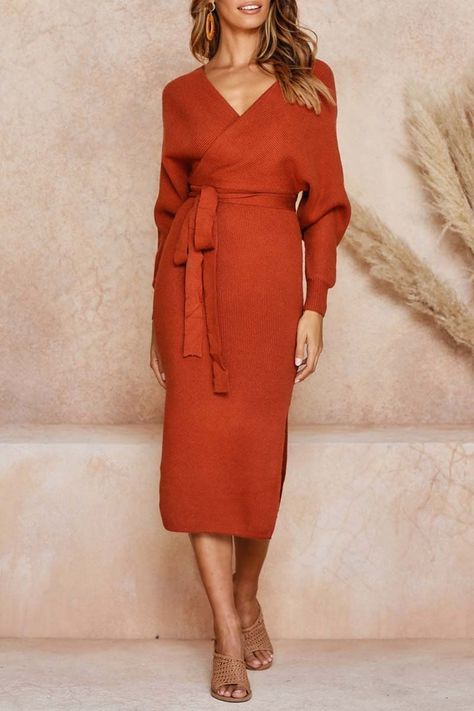 f4a4da9aa7eadfd23c7bdb7cf57b3112desc48148232ri Backless Sweater Dress, Backless Sweater, Sweater Midi Dress, Dinner Wear, Cocktail Dinner, Peacoats, Split Skirt, Autumn Dress, Sweater Dress Midi