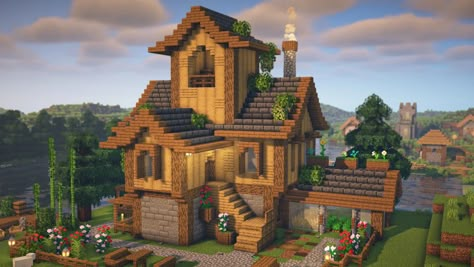 Minecraft Log Cabin Ideas, Minecraft A Frame House, Cabin Minecraft Houses, Wood Minecraft House, Casas Mine, Minecraft Small House, Minecraft House Ideas, Case Minecraft, Mc Builds