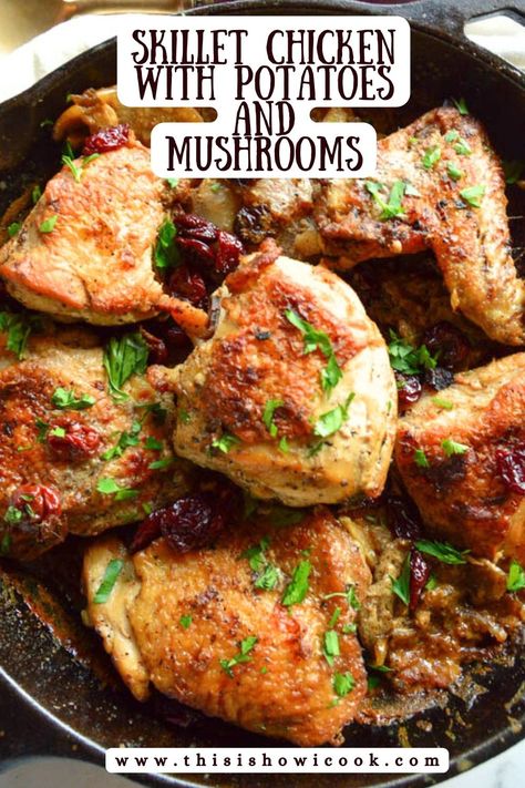 This Russian inspired braised chicken thigs recipe with dried cherries, mushrooms and potatoes is savory and satisfying. Such a great way to make a one-pot wonder! #braised chickenthighRecipes #BraisedChickenRecipes #RussianRecipesDinner Chicken Thighs Mushrooms, Braised Chicken Recipes, Chicken Thighs Recipes, Braised Chicken Breast, Braised Chicken Thighs, One Pot Wonders, Chicken Potatoes, Braised Chicken, Skillet Chicken