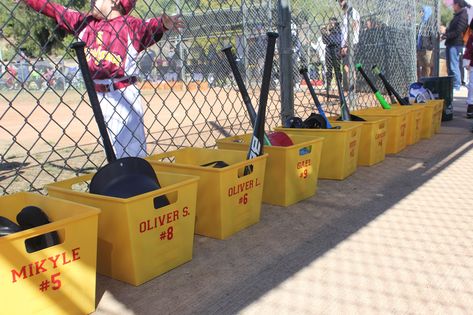 Baseball Team Dugout Ideas, Organize Dugout Baseball, Softball Organization Ideas, T Ball Dugout Organization, Baseball Dugout Bins, Baseball Buckets For Dugout Team Mom, Tball Dugout Buckets, Tee Ball Dugout Organization, Softball Dugout Ideas Team Mom