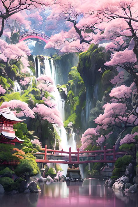 Enchanted Gardens, Cherry Blossom Garden, Fantasy Flower Garden, Japanese Pictures, Japanese Fantasy Art, Japanese Waterfall, Fantasy Realm, Japanese Garden Wallpaper, Japanese Castle Art