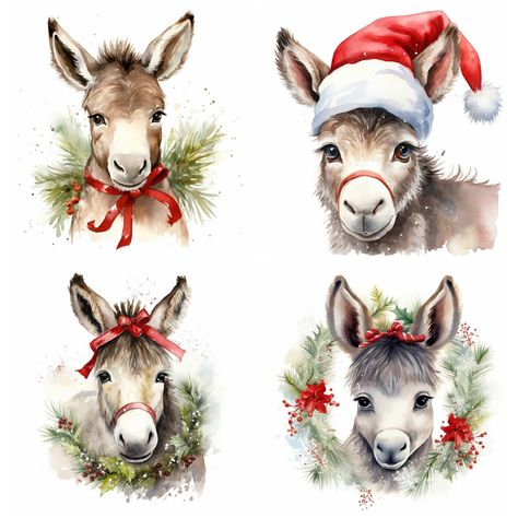 Christmas Donkey Pictures, Christmas Donkey Painting, Christmas Donkey, Painted Ornaments, Donkeys, Christmas Collection, Horse Art, Xmas Cards, Easy Paintings