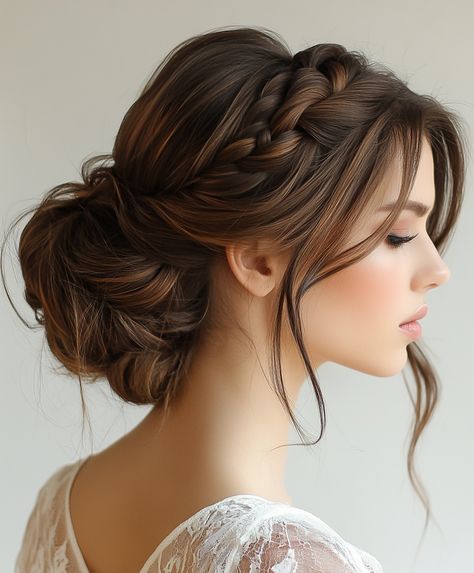 🌈 Updo Hairstyles Brown Hair Glamorous Braids Updo Hairstyle Updo With Loose Curls, Wedding Hairstyles Brown Hair Braid, Updo Hairstyles Brown Hair, Braid Wedding Hair Brunette, Wedding Updo Brown Hair Brides, Brown Wedding Updo, Curly Romantic Updo, Hairstyles Brown Hair, Hair Accessories For Brides