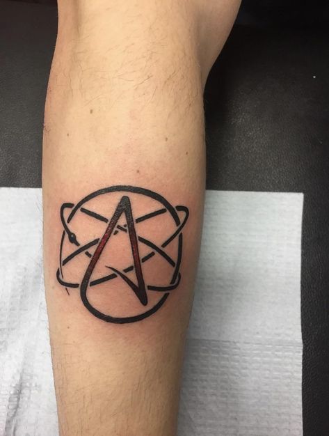 Atheist A. Done by Anthony at Geek Ink In Broken Arrow Ok #tattoos #tattoo #beauty Atheist Tattoo, Nerd Tattoos, Aa Tattoos, Tattoo Mistakes, Band Tattoos For Men, Bright Tattoos, Nerd Tattoo, Prison Tattoos, C Tattoo