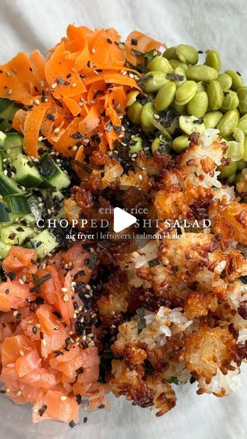 Erin Silberman on Instagram: "Crispy Rice Chopped Sushi Salad

•Follow @seriousfoodfetish for more recipes, restaurant recs & food trends•

I came across a video of @mollyyeh making crispy rice in her air fryer & I was instantly obsessed at how easy it looked. How many times do you get takeout and have so many containers of extra rice? This is the perfect way to use it & it’s also my new favorite way to add crunch to a salad! I decided to give mine a sushi spin, but you could use any protein/dressing you want! 

Ingredients 
•3 large handfuls shredded or finely chopped dino kale 
•4-6oz smoked salmon, chopped 
•3ish T garlic or Italian dressing
•1 T soy sauce or coconut aminos 
•1/4 C shredded carrots 
•1/4 C steamed shelled edamame
•1/4 C cucumber, diced 
•furikake seasoning 
•leftover su Crispy Rice Cucumber Salad, Crispy Rice Asian Salad, Crispy Rice Chopped Sushi Salad, Kalejunkie Crispy Rice Salad, Crispy Rice Smoked Salmon, Sushi Salad, Chopped Salad Recipes, Baked Salmon Recipes, Chopped Salad