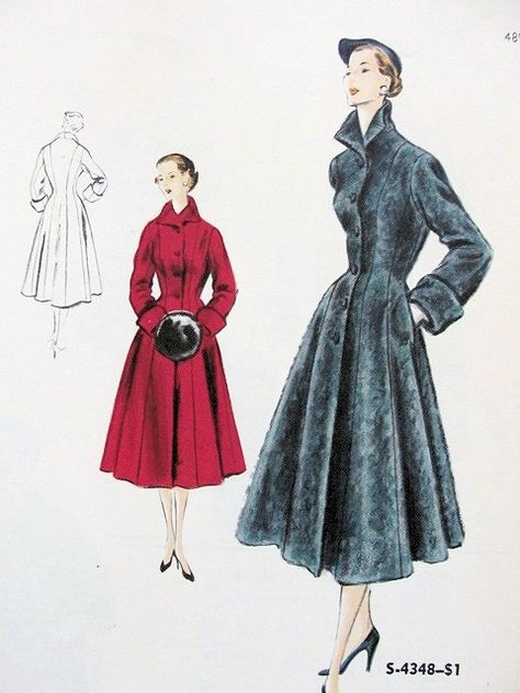 1950s Vogue, 1950s Coat, Vintage Clothes Patterns, Coat Sewing, Princess Coat, Fashion 1950s, Dress Making Patterns, Vintage Coats, 1950s Style