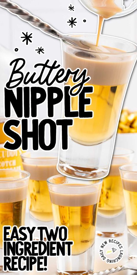 A buttery nipple shot is a sweet and easy-to-sip pre-drink, after-dinner, or dessert cocktail with a creamy texture and butterscotch flavor. Butterscotch Cocktail, Mini Beer Shots, Candy Alcohol Drinks, Mixed Drinks Alcohol Recipes, Sweet Alcoholic Drinks, Easy Shot Recipes, Shots Alcohol Recipes, Whiskey Drinks Recipes, Cocktail Drinks Alcoholic