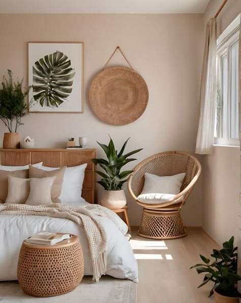 White Boho Room, Bali Bedroom Inspiration, Boho Guest Bedroom Ideas, White Bohemian Bedroom, Rattan Bedroom Ideas, Colorful Bohemian Bedroom Decor, Bohemian Interior Design Style, Neutral Boho Home, Boho Home Aesthetic