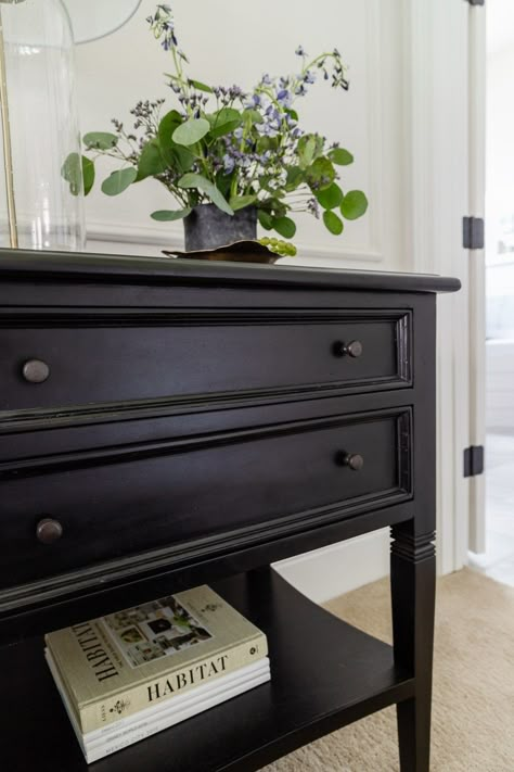 Our New Black Nightstands - Crazy Wonderful Nightstand Lamp Ideas, Styling A Nightstand, Black Nightstand Bedroom, Black Dresser Bedroom, Black Nightstands, Night Stands Bedroom, Nightstand Design, Nightstand Ideas, Nightstand Styling