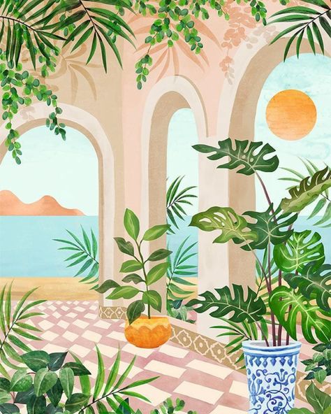 Artwork that inspires us everyday ✨🫶 via pinterest #whysobluelove #sustainblefashion #worldartday #shopsmall #summervibes #artinspiration #inspiration #artlover #digitalart Tropical Terrace, Beach Artwork, Relaxing Art, Tableau Art, Tropical Art, Vintage Nature, Beach Villa, Mini Canvas Art, Holiday Art