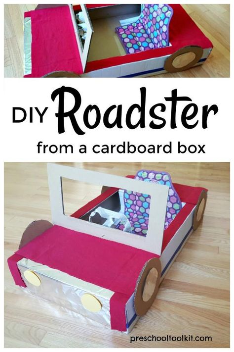 Easy to make car from a cardboard box #preschool #pretendplay How To Make A Car Out Of Cardboard Boxes, Cardboard Box Car Ideas For Kids, Kindy 500 Cars Cardboard Boxes, Transportation Parade, Kindy 500, Peanut Festival, Movie Drive, Cardboard Box Car, Large Cardboard Boxes