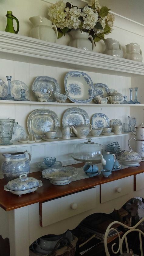 Asiatic Pheasant China, Blue And White Tea Set, Blue Transferware Display, Blue And White China Display, China Display Ideas, Fine China Display, Asiatic Pheasant, Blue And White Dining Room, White Hutch