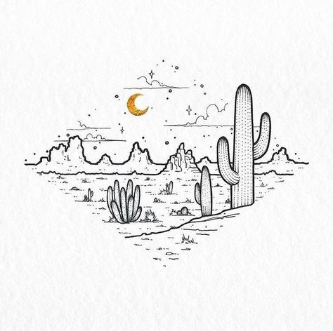 Western Drawings Simple, Desert Drawings, Desert Drawing, Cactus Tattoo, Cactus Drawing, Graphic Design Blog, Dessin Adorable, Black And White Illustration, Isle Of Skye