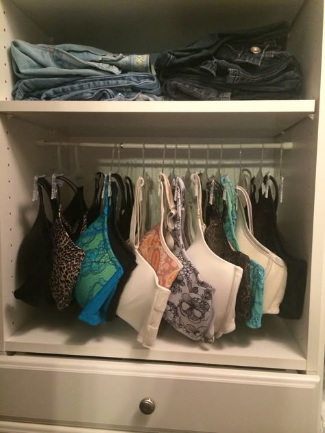 Clothing Organization, Bra Organization, Bra Storage, Closet Diy, Organized Closet, Apartment Storage, Tension Rods, Diy Bra, Shelves Storage