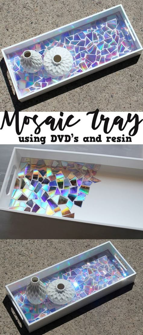 Dvd Mosaic, Mosaic Trays, Cute Diy Crafts, Hadiah Diy, Hantverk Diy, Mosaic Tray, Tray Diy, Resin Tray, Wine Bottle Diy Crafts