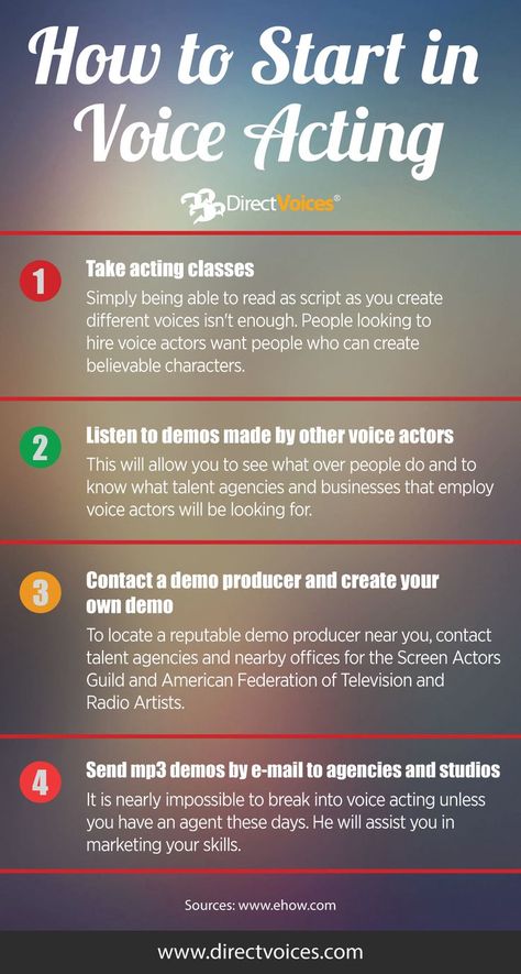 How to Start in Voice Acting #voiceover #infographic #voice How To Become A Voice Actor, Voice Acting Tips, Voice Over, Voice Over Artist, Acting Lessons, Acting Techniques, Voice Overs, Vocal Lessons, How To Act