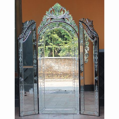 Tri Fold Venetian Mirror MG 017009 Tri Fold Mirror Full Length, Trifold Mirror, Venetian Mirrors, Glass Furniture, Dressing Mirror, Wall Table, Full Length Mirror, Mirrored Furniture, Vintage Vanity