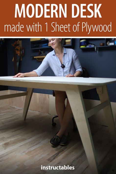 Make a modern desk out of only 1 sheet of 3/4” plywood. #Instructables #workshop #woodworking #carpentry #furniture 1 Sheet Plywood Projects, Plywood Desk Design, Modern Plywood Desk, Diy Modern Desk, Manly Crafts, Plywood Office, Plywood Furniture Plans, Plywood Diy, Plywood Desk