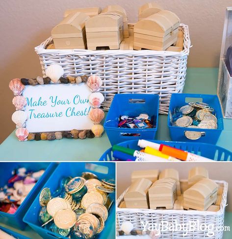 Mermaid Birthday Party Activities Fun Games, Mermaid Birthday Party Games Kids, Mermaid Themed Birthday Party Games, Mermaid Themed Sleepover, Decorate Treasure Chest, Ocean Birthday Party Activities, Mermaid Slumber Party Ideas, Ocean Birthday Party Favors, Mermaid Party Crafts