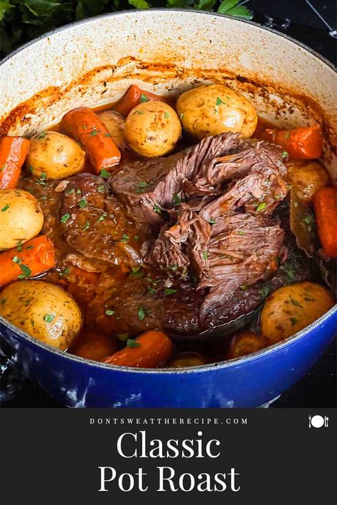 This Classic Pot Roast is the perfect comfort food. Tender braised melt-in-your mouth beef, creamy potatoes, and carrots, with a rich velvety broth. Roast Beef And Potatoes, Dutch Oven Pot Roast, Oven Pot Roast, Leftover Pot Roast, Pot Roasts, Perfect Pot Roast, Roasted Potatoes And Carrots, Classic Pot Roast, Best Pot Roast