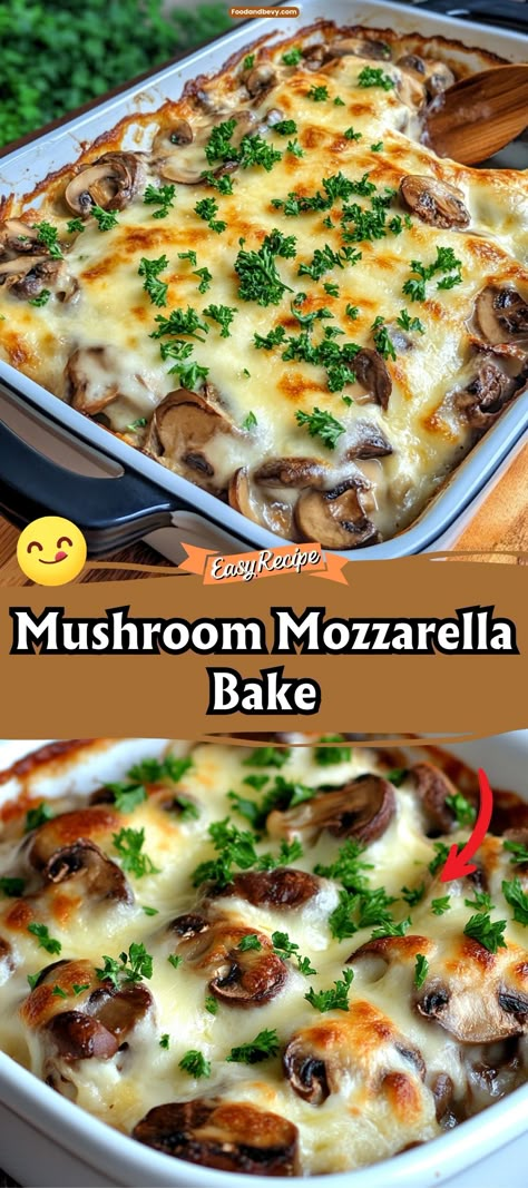 Delight in the savory layers of the Mushroom Mozzarella Bake, a comforting dish that combines earthy mushrooms with melted mozzarella and a touch of Italian herbs. Baked until golden and bubbly, this dish is a perfect side or vegetarian main course. #MushroomBake #CheesyDelights #VegetarianRecipe Mozzarella Dinner Ideas, Meatless Mushroom Recipes, Mushroom Mozzarella Bake, Miyokos Mozzarella Recipes, Mushroom Dishes Recipes, Vegan Main Course Recipes, Recipes Using Fresh Mushrooms, Mozzarella Slices Recipes, Mushroom Main Dish Recipes