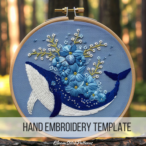 This charming design features a majestic whale adorned with delicate floral accents, creating a whimsical and enchanting scene perfect for your embroidery projects. Let your imagination swim freely as you stitch this delightful pattern onto your favorite fabric! Explore our store for more unique embroidery designs to elevate your crafting experience. #FloralWhale #HandEmbroidery #EmbroideryPattern #DIYCrafts #EmbroideryArt #Stitching #Crafting #PinterestCrafts #EmbroideryDesigns Ocean Embroidery Simple, Dolphin Embroidery, Unique Embroidery Designs, Whale Embroidery, Embroidered Whale, Garden Embroidery, Pinterest Crafts, Embroidery Template, Unique Embroidery