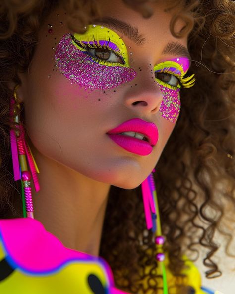 Neon Rainbow Makeup, Surreal Outfit, Avante Garde Makeup, Blacklight Makeup, Alien Halloween Makeup, Tape Makeup, Couture Makeup, Carnival Makeup, Neon Makeup