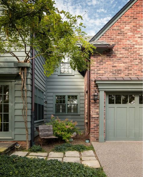 Sage Green Siding, Sage Green House Exterior, House Shutter Colors, Sage Green House, Brick House Colors, Red Brick House Exterior, Green House Exterior, Green Siding, Green Shutters