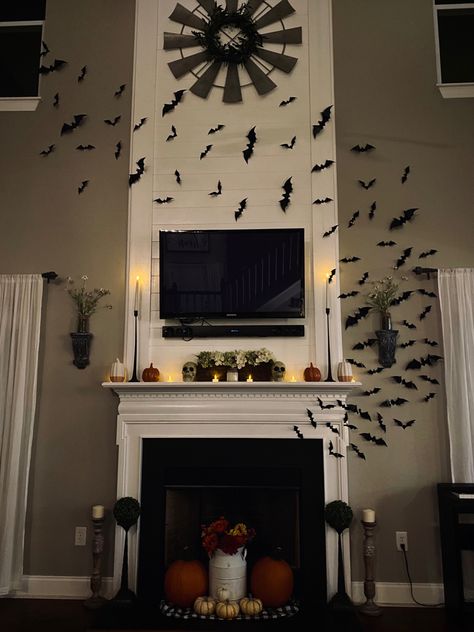 Brick Fireplace Halloween Decor, Bats Flying Out Of Fireplace, Bats Around Tv, Bats Fireplace Halloween, Bats On Fireplace, Bats Coming Out Of Fireplace, Halloween Mantle Decor, Halloween Fireplace, Bat Decorations