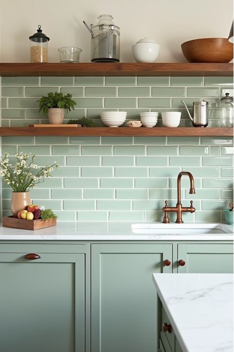 Sage green subway tile kitchen backsplash in farmhouse style Kitchen Remodel Green Backsplash, Green Tile Kitchen Island, Vintage Farmhouse Kitchen Backsplash, Light Green Subway Tile Kitchen, Sage Kitchen Backsplash, Open Shelving Backsplash, Sage Backsplash Kitchen, Sage Green Kitchen Tiles, Backsplash For Green Cabinets