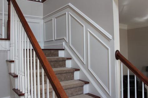 This article is a complete tutorial on how to install shadow box trim or molding squares to a wall in your home. Panel Staircase, Stairs Trim, Stairway Wall, Wainscoting Hallway, Black Wainscoting, Stair Paneling, Wainscoting Stairs, Faux Wainscoting, Wainscoting Bedroom