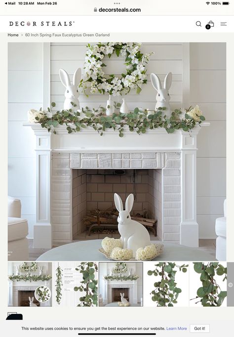 Spring Mantle Garland, Easter Fireplace Decor, Faux Eucalyptus Garland, Easter Mantle Decor, Easter Mantle, Spring Mantle, Mantle Garland, Fireplace Mantles, Faux Eucalyptus