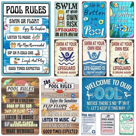 Beach Pool Rules Wall Metal Posters Tin Signs No Swim No Running Warning Text Public Pool Beach Wall Signs Shabby Plate Poster Swimming Pool Rules, Pool Rules Sign, Swimming Pool Signs, Public Pool, Pool Rules, Swim Life, Pool Signs, Beach Posters, Backyard Deck